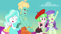 Size: 1280x720 | Tagged: safe, edit, edited screencap, editor:slayerbvc, screencap, drama letter, paisley, starlight, watermelody, zephyr breeze, equestria girls, g4, i'm on a yacht, spoiler:eqg series (season 2), background human, black swimsuit, cellphone, clothes, female, hat, male, no makeup edit, one-piece swimsuit, orange swimsuit, partial nudity, phone, smartphone, strapless bikini, striped swimsuit, swimming trunks, swimsuit, topless, yellow swimsuit