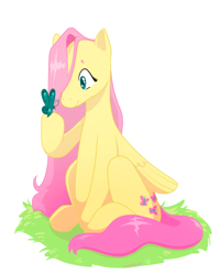 Size: 500x626 | Tagged: safe, artist:sugarponiess, fluttershy, butterfly, pegasus, pony, g4, cute, female, mare, shyabetes, simple background, sitting, solo, white background