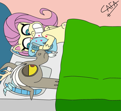 Size: 1619x1492 | Tagged: safe, artist:cafakero, discord, finn tastic, fluttershy, draconequus, g4.5, my little pony: pony life, ah yes me my girlfriend and her x, bed, body pillow, female, grin, male, mare, meme, ship:discoshy, shipping, smiling, straight