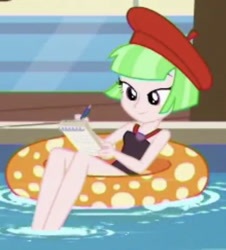 Size: 828x917 | Tagged: safe, screencap, drama letter, watermelody, equestria girls, equestria girls series, g4, spring breakdown, background human, beret, clothes, female, hat, inner tube, legs, notepad, pen, sleeveless, solo, swimsuit, water, watermelody swimsuit