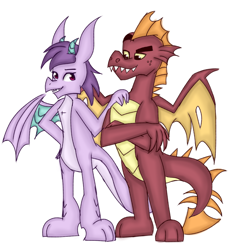 Size: 1638x1767 | Tagged: safe, artist:starflashing twinkle, garble, prominence, dragon, g4, claws, dragoness, female, looking at each other, male, ship:garbinence, shipping, simple background, straight, white background