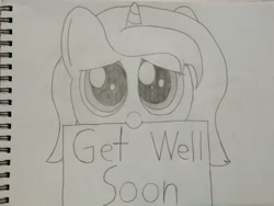 Size: 4160x3120 | Tagged: safe, artist:theunidentifiedchangeling, princess luna, alicorn, pony, g4, cute, dilated pupils, drawing, female, filly, fourth wall, get well soon, grayscale, high res, monochrome, mouth hold, positive message, positive ponies, simple background, sketch, solo, traditional art, white background, woona, younger