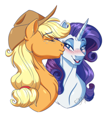 Size: 2263x2500 | Tagged: safe, artist:jack-pie, applejack, rarity, earth pony, pony, unicorn, g4, applejack's hat, blushing, cheek kiss, cowboy hat, eyes closed, female, freckles, hat, high res, kissing, lesbian, lipstick, mare, red lipstick, redraw, ship:rarijack, shipping, simple background, transparent background