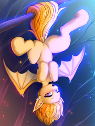 Size: 966x1280 | Tagged: safe, artist:shoggoth-tan, oc, oc only, oc:pudding, bat pony, pony, bat pony oc, bat wings, belly, featureless crotch, hanging, night, open mouth, prehensile tail, solo, tail, wings