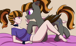 Size: 2736x1660 | Tagged: safe, artist:danny94, oc, oc only, oc:mythic dawn, bat pony, human, pony, anklet, bat pony oc, bat wings, bed, clothes, commission, duo, eyebrows, eyebrows visible through hair, eyelashes, fangs, female, hairband, humanized, looking at each other, lying down, ponytail, purple eyes, self ponidox, shirt, simple background, underwear, wings, wristband, ych result