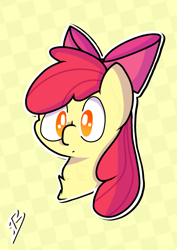Size: 540x764 | Tagged: safe, artist:bolterblaze, apple bloom, earth pony, pony, g4, bust, chest fluff, female, filly, no pupils, portrait, simple background, solo, yellow background