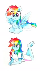 Size: 1804x3206 | Tagged: safe, artist:liaaqila, rainbow dash, pegasus, pony, equestria girls, barefoot, blue fur, blue wings, chest fluff, clothes, cute, dashabetes, feet, female, happy, human ponidox, legs in air, mare, multicolored hair, multicolored mane, multicolored tail, pink eyes, prone, rainbow hair, rainbow tail, self paradox, self ponidox, shirt, shorts, simple background, t-shirt, the pose, traditional art, watermark, white background, wings