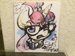 Size: 2048x1536 | Tagged: safe, artist:ahiru_7, moondancer, crab, g4, angry, female, glasses, japan ponycon, japanese, solo, traditional art, watercolor painting