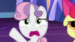 Size: 1920x1080 | Tagged: safe, screencap, apple bloom, sweetie belle, g4, growing up is hard to do, hoof in air, worried