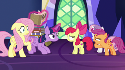 Size: 1920x1080 | Tagged: safe, screencap, apple bloom, fluttershy, scootaloo, sweetie belle, twilight sparkle, alicorn, earth pony, pegasus, pony, unicorn, g4, growing up is hard to do, book, cutie mark, cutie mark crusaders, female, filly, mare, the cmc's cutie marks, twilight sparkle (alicorn)