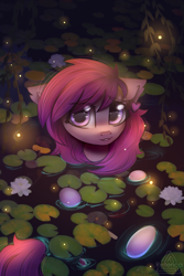 Size: 1333x2000 | Tagged: oc name needed, safe, artist:radioaxi, oc, oc only, pony, commission, eye clipping through hair, fangs, female, lilypad, looking at you, mare, smiling, solo, water, ych result