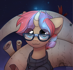 Size: 1625x1560 | Tagged: safe, artist:radioaxi, oc, oc only, oc:blue moon, pony, unicorn, :3, clothes, curved horn, eye clipping through hair, freckles, glasses, glowing horn, horn, looking at you, male, scroll, smiling, solo, stallion, sweater