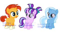 Size: 1280x693 | Tagged: safe, artist:00000066666, starlight glimmer, sunburst, trixie, g4, foal