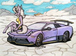 Size: 1280x954 | Tagged: safe, artist:sketchywolf-13, oc, oc only, unicorn, anthro, unguligrade anthro, 2020, breasts, car, clothes, cloud, commission, female, horn, lamborghini, lamborghini murcielago, looking at you, looking back, pose, salt flats, sitting, sky, solo, supercar, traditional art, vehicle