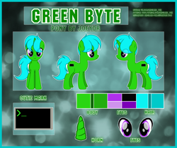 Size: 1920x1600 | Tagged: safe, artist:angelina-pax, oc, oc only, oc:green byte, pony, unicorn, color palette, commission, cutie mark, horn, male, reference sheet, solo, stallion, unicorn oc, ych result