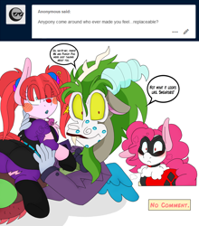 Size: 2150x2446 | Tagged: safe, artist:blackbewhite2k7, discord, pacific glow, pinkie pie, earth pony, pony, g4, angry, batman, caught, clothes, costume, female, harley quinn, high res, infidelity, kiss mark, lipstick, male, mare, pink coat, punchline, shipping, straight, the joker, yandere, yandere pie