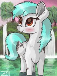 Size: 512x680 | Tagged: safe, artist:dreamyskies, oc, pegasus, pony, bust, complex background, in water, looking up, pegasus oc, portrait, solo, standing, water, waterfall, wings