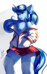 Size: 648x1024 | Tagged: safe, artist:ninebuttom, oc, oc only, oc:prainy, unicorn, semi-anthro, arm hooves, chest fluff, clothes, jacket, miniskirt, skirt, solo, stockings, thigh highs