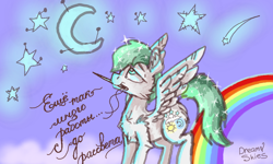 Size: 854x512 | Tagged: safe, artist:dreamyskies, oc, oc only, oc:dreamer skies, pegasus, pony, abstract background, cyrillic, dream, looking up, male, needle, needle felted, night, pegasus oc, quick draw, rainbow, russian, solo, stallion, standing, stars, wings