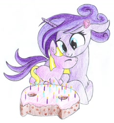 Size: 1024x1101 | Tagged: safe, artist:mraagh, oc, oc only, oc:ethereal serenity, oc:maze, earth pony, pony, unicorn, birthday, birthday cake, birthday gift art, blue eyes, cake, candle, chest fluff, colored pencil drawing, cookie, cuddling, curly mane, cute, duo, ear fluff, eyelashes, eyes closed, eyes open, female, filly, flower, flower in hair, food, happy, lying on the ground, mare, pencil drawing, purple coat, purple mane, scan, shading, simple background, smiling, snuggling, spiky tail, traditional art, two toned hair, yellow mane