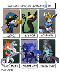 Size: 2100x2507 | Tagged: safe, artist:black-nocturne, princess luna, alicorn, kitsune, pony, anthro, g4, adrien agreste, amaterasu, animatronic, anthro with ponies, crossover, ethereal mane, female, five nights at freddy's, high res, hoof shoes, jewelry, klonoa, male, mare, miraculous ladybug, okami, peytral, six fanarts, sparkster, starry mane, sword, tiara, twisted wolf, weapon