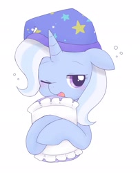 Size: 1667x2048 | Tagged: dead source, safe, artist:ginmaruxx, trixie, pony, unicorn, g4, clothes, cute, diatrixes, digital art, female, floppy ears, hat, mare, one eye closed, pillow, simple background, sleepy, solo, trixie's hat, white background