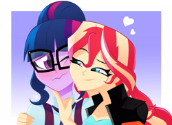 Size: 3264x2358 | Tagged: safe, alternate version, artist:xan-gelx, sci-twi, sunset shimmer, twilight sparkle, equestria girls, g4, adorasexy, bedroom eyes, blushing, cheek squish, cute, duo, duo female, eyelashes, eyes closed, female, glasses, heart, high res, lesbian, seductive, sexy, shimmerbetes, ship:sci-twishimmer, ship:sunsetsparkle, shipping, smugset shimmer, squishy cheeks, teasing, twiabetes