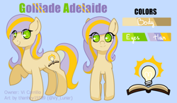 Size: 1300x759 | Tagged: safe, artist:helithusvy, oc, oc only, oc:golliade adelaide, earth pony, pony, blue background, commission, cutie mark, earth pony oc, female, green eyes, reference sheet, simple background, solo
