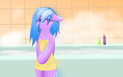 Size: 4093x2554 | Tagged: oc name needed, safe, artist:whale falda, oc, oc only, pegasus, semi-anthro, arm hooves, female, floppy ears, lidded eyes, naked towel, shower, solo, stand, stare, steam, towel, wet, wet mane