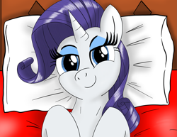 Size: 2111x1628 | Tagged: safe, artist:eels, rarity, pony, unicorn, g4, bed, female, mare, pillow, smiling, solo
