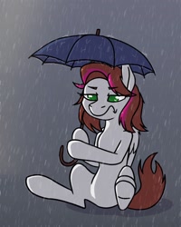 Size: 818x1024 | Tagged: safe, artist:danger_above, oc, oc only, pegasus, pony, belly, frown, pegasus oc, rain, sitting, solo, umbrella, underhoof, wings