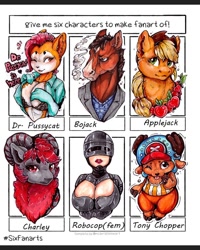 Size: 960x1200 | Tagged: safe, artist:blue_formalin, applejack, cat, earth pony, goat, human, pony, robot, anthro, g4, anthro with ponies, antlers, apple, blushing, bojack horseman, breasts, bust, chest fluff, cigarette, clothes, crossover, dr. pussycat, ear fluff, female, food, gloves, hat, helmet, lipstick, long gloves, male, mare, one eye closed, one piece, robocop, six fanarts, smiling, smoking, tony tony chopper, wink