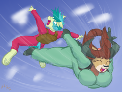 Size: 2048x1536 | Tagged: safe, artist:frist44, sandbar, yona, anthro, unguligrade anthro, g4, breasts, busty yona, clothes, commission, cute, falling, female, jumpsuit, male, parachute, sandabetes, screaming, ship:yonabar, shipping, sky, skydiving, straight, underhoof, yonadorable