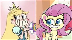 Size: 1920x1080 | Tagged: source needed, safe, screencap, fluttershy, human, pegasus, pony, g4.5, my little pony: pony life, bean mouth, comparison, disney, smiling, star butterfly, star vs the forces of evil