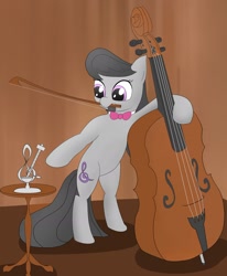 Size: 1848x2245 | Tagged: safe, artist:chocodamai, octavia melody, earth pony, pony, bipedal, bow (instrument), bowtie, cello, cello bow, digital art, female, metronome, mouth hold, musical instrument, solo, table