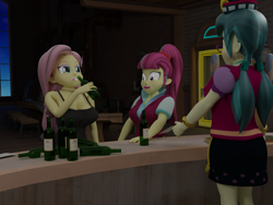 Size: 2000x1500 | Tagged: safe, artist:bluest, fluttershy, juniper montage, sour sweet, equestria girls, g4, 3d, alcohol, bottle, breasts, busty fluttershy, busty sour sweet, drinking, drinking contest, wine