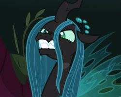 Size: 563x450 | Tagged: safe, edit, edited screencap, screencap, queen chrysalis, changeling, changeling queen, g4, season 8, the mean 6, angry, animated, cropped, cute, cutealis, fangs, female, forest, former queen chrysalis, frown, furious, gif, gritted teeth, loop, madorable, reaction image, seething, solo, spread wings, standing, wings