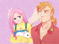 Size: 1000x746 | Tagged: safe, artist:punpunichu, edit, angel bunny, big macintosh, fluttershy, human, g4, chest hair, clothes, female, humanized, looking at each other, male, overalls, plaid shirt, ship:fluttermac, shipping, shirt, smiling, straight, straw in mouth, sweater, sweatershy, turtleneck, winged humanization, wings