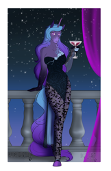 Size: 2561x3959 | Tagged: safe, artist:blackblood-queen, oc, oc only, oc:serena nightshade, unicorn, anthro, unguligrade anthro, anthro oc, balcony, clothes, commission, dress, explicit source, glass, high res, horn, smiling, solo, starry night, stars, unicorn oc, wine glass
