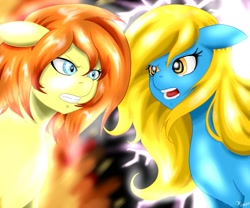 Size: 1280x1067 | Tagged: safe, artist:carnage-carnation, oc, oc only, oc:firefox, oc:internet explorer, pony, ask internet explorer, browser ponies, fire, internet explorer