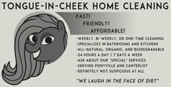 Size: 2352x1201 | Tagged: safe, artist:badumsquish, derpibooru exclusive, oc, oc only, akaname, monster pony, pony, fake ad, female, grayscale, grin, looking at you, mare, monochrome, newspaper, seems legit, smiling, text