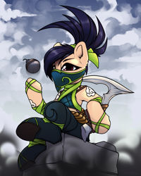 Size: 2039x2552 | Tagged: safe, artist:hitbass, earth pony, pony, akali, bomb, clothes, female, high res, league of legends, mare, ninja, ponified, scythe, smoke bomb, solo, weapon