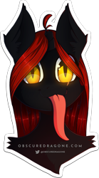 Size: 913x1637 | Tagged: safe, artist:obscuredragone, oc, oc only, oc:blaze shadow, alicorn, pony, unicorn, big eyes, black fur, broken horn, bust, cute, ears, ears up, edgy, fur, glowing eyes, good boy, horn, long hair, long tongue, male, mane, mlem, red hair, shiny eyes, silly, simple background, solo, stallion, sweet, tongue out, transparent background