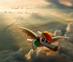 Size: 3071x2604 | Tagged: safe, artist:lth935, rainbow dash, pegasus, pony, g4, cloud, dialogue, female, flying, high res, plutonium, sky, solo, stealing