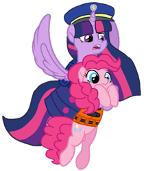 Size: 907x1080 | Tagged: safe, alternate version, artist:徐詩珮, pinkie pie, twilight sparkle, alicorn, earth pony, pony, series:sprglitemplight diary, series:sprglitemplight life jacket days, series:springshadowdrops diary, series:springshadowdrops life jacket days, g4, alternate universe, background removed, backpack, chase (paw patrol), clothes, cute, diapinkes, dress, duo, eyelashes, female, flying, hat, holding a pony, mare, open mouth, paw patrol, paw prints, simple background, transparent background, twilight sparkle (alicorn)