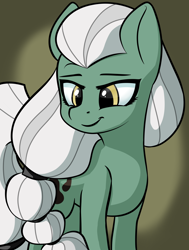 Size: 3750x4961 | Tagged: safe, artist:topicranger, oc, oc only, oc:satra, earth pony, pony, colored, eyebrows, female, long hair, long mane, long tail, looking down, mare, simple background, smiling, solo, standing, white hair, white mane, yellow eyes