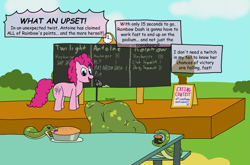 Size: 1731x1139 | Tagged: safe, artist:dzamie, antoine, pinkie pie, pony, reptile, snake, g4, casual vore, chalkboard, colored, competition, digital art, eating contest, female, implied rainbow dash, implied twilight sparkle, mare, newbie artist training grounds, oral vore, predation, unwilling prey, vore