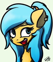 Size: 1864x2200 | Tagged: safe, artist:topicranger, oc, oc only, oc:blurry ice, pegasus, pony, blue eyes, bow, ear piercing, earring, green background, hair bow, happy, jewelry, looking up, open mouth, piercing, simple background, simple shading, smiling, solo, yellow
