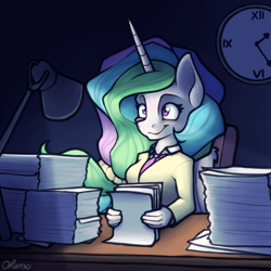 Size: 2000x2000 | Tagged: safe, artist:ohemo, princess celestia, alicorn, anthro, g4, atg 2020, clothes, cute, cutelestia, high res, lamp, necktie, newbie artist training grounds, paper, paperwork, suit, thousand yard stare