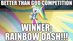 Size: 1280x720 | Tagged: safe, edit, edited screencap, screencap, rainbow dash, equestria girls, g4, shake your tail, best human, caption, clenched fist, competition, eyes closed, fist in the air, god, image macro, in air, jumping, rainbow dash is god, smiling, text, victory, winner